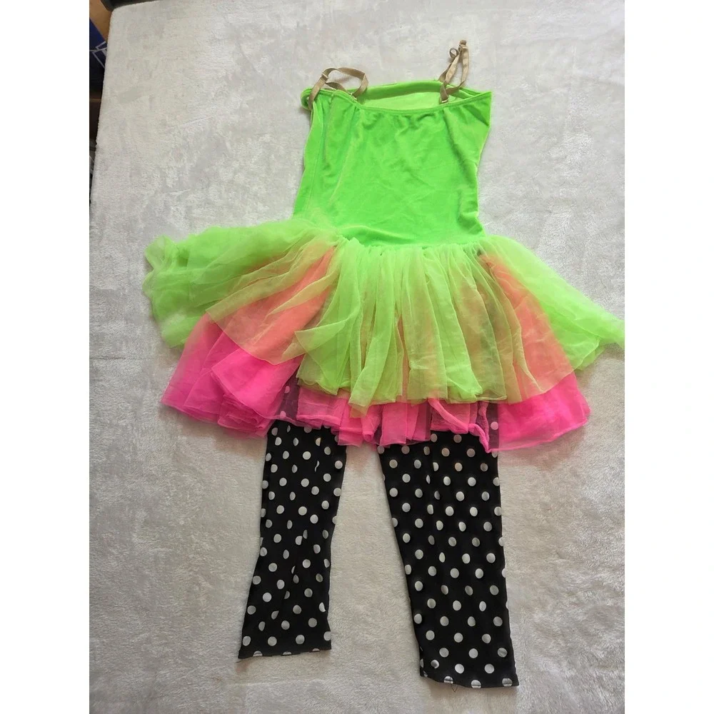 387 Girls Neon Green Pink Clown Costume Dress Tutu Polka Dot Leggings